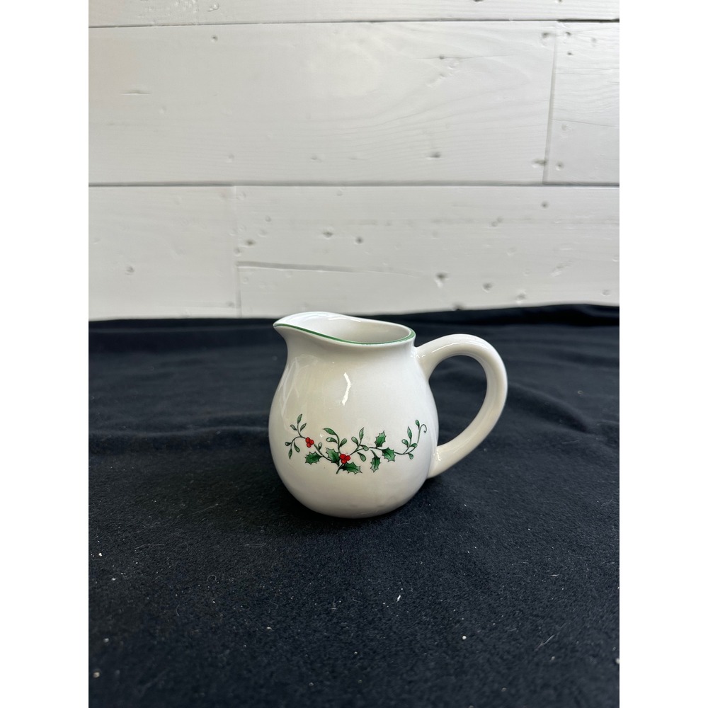 Royal Seasons Stoneware Christmas Holly Berry Creamer Pitcher White Green Rim